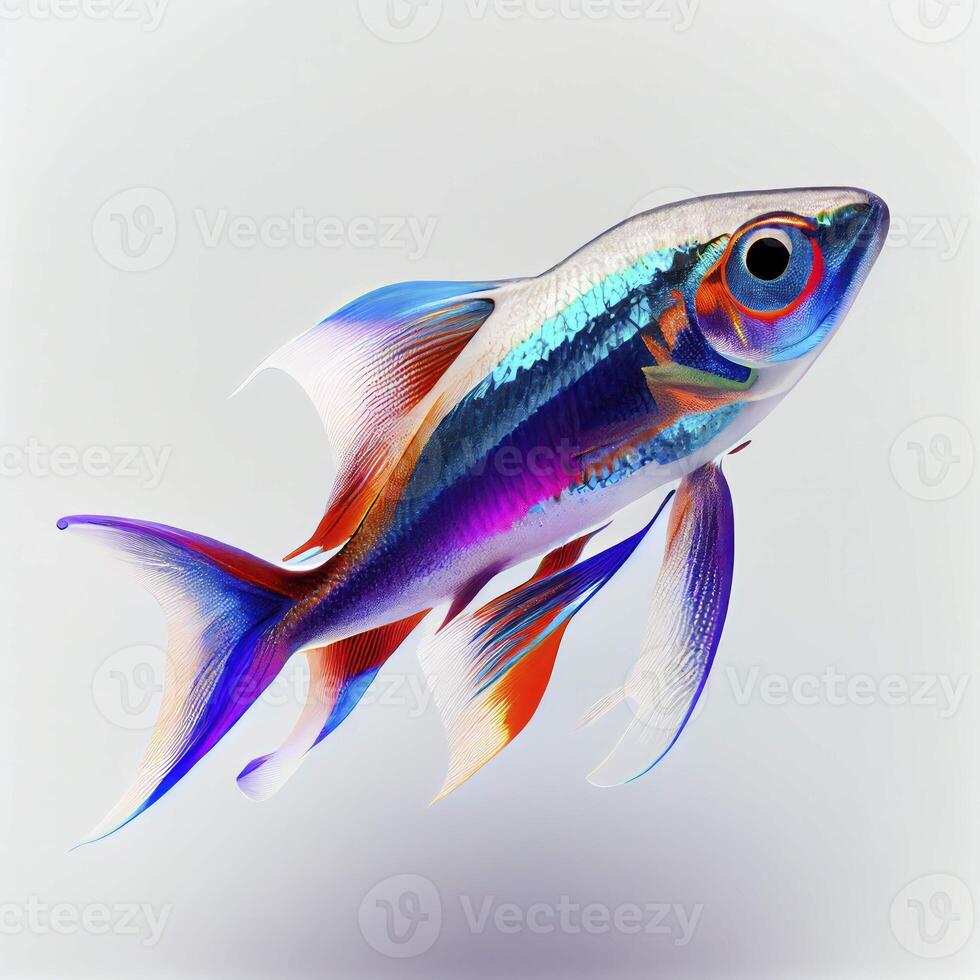 An ultra realistic Neon tetra fish that jumps by splashing on a white background photo