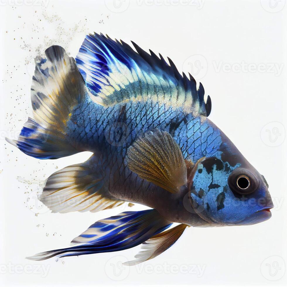 An ultra realistic Electric Blue Cichlid fish that jumps by splashing on a white background photo