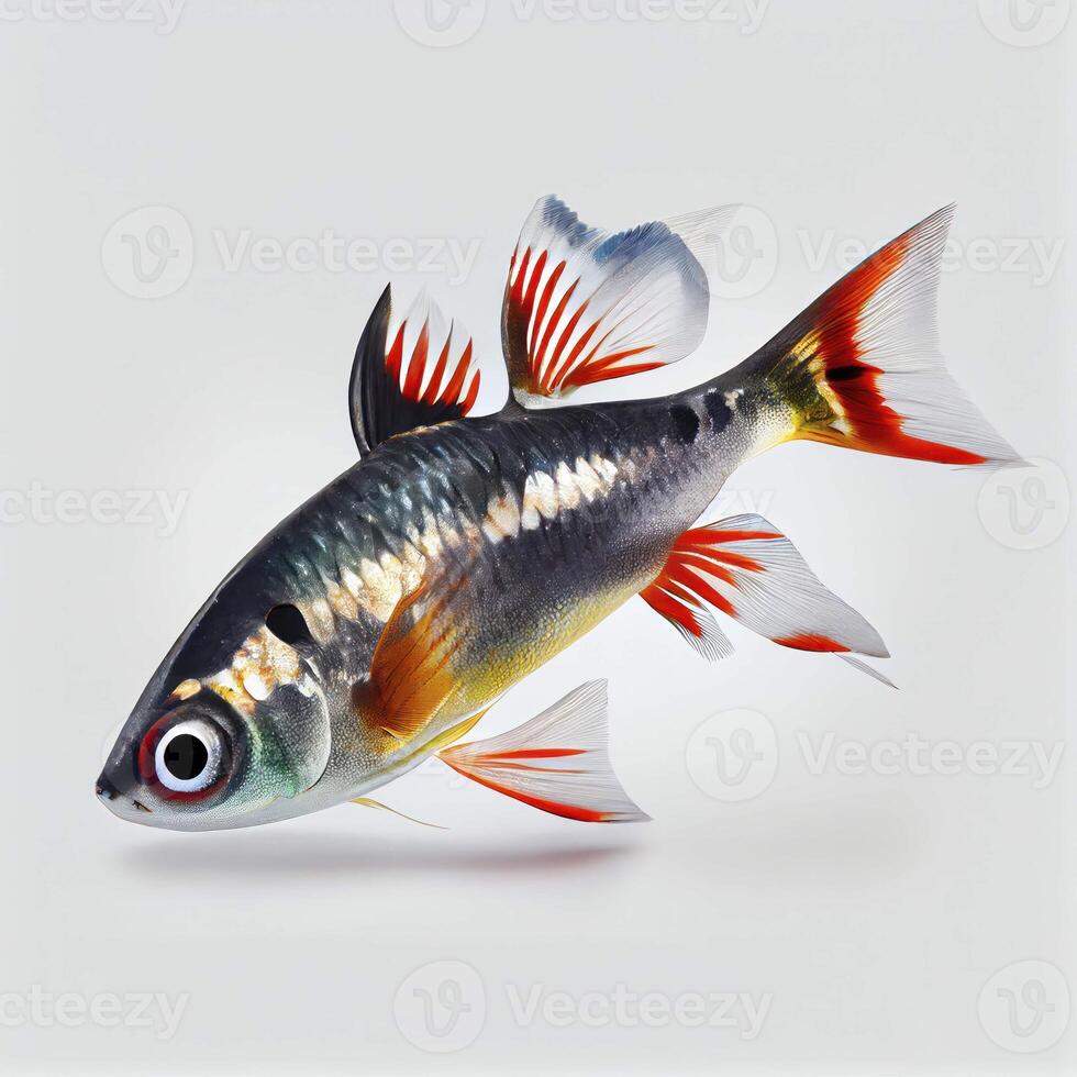 An ultra realistic Harlequin Rasbora fish that jumps by splashing on a white background photo