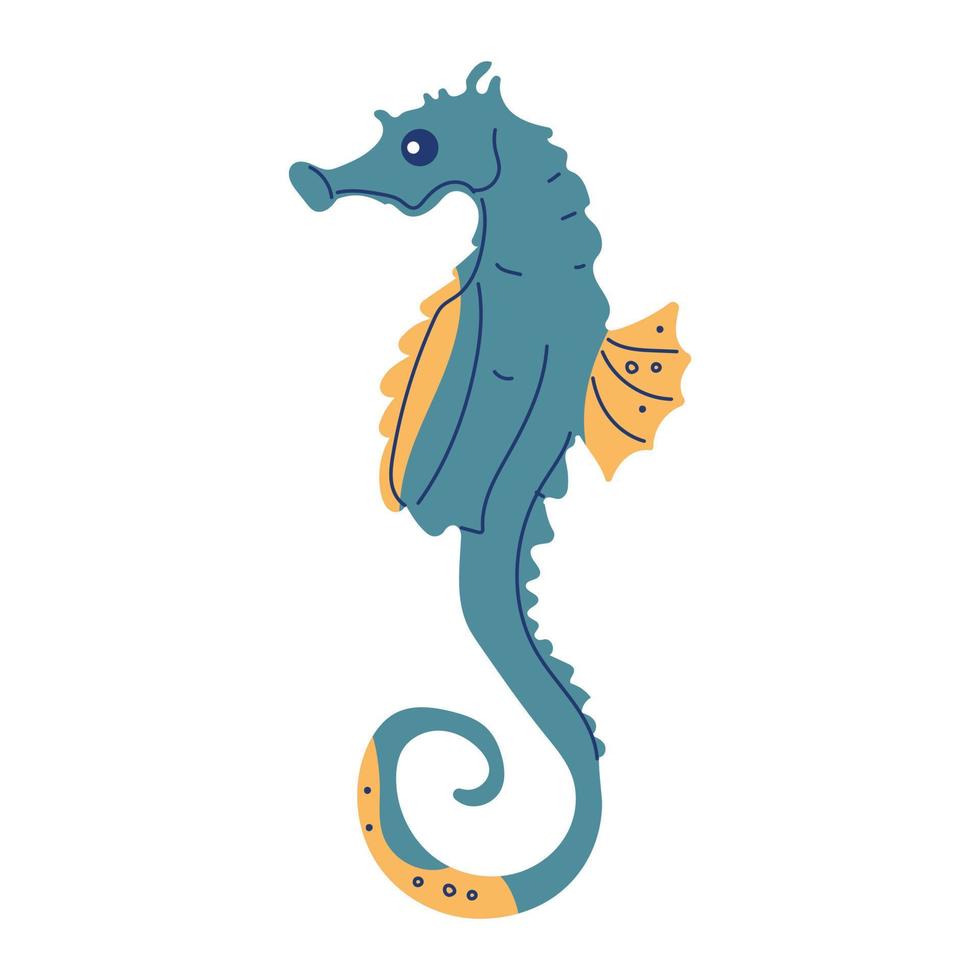 Cute cartoon turquoise sea horse. Isolated vector illustration.