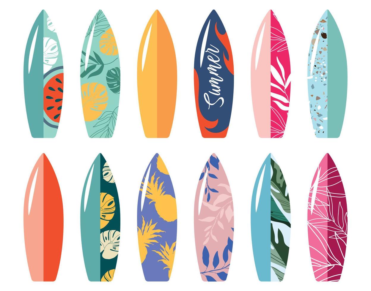 Colorful collection of surfboards. Vector illustration. Vector illustration for badge, logo, print, badge, card, cover, bag, case, invitation, emblem, label