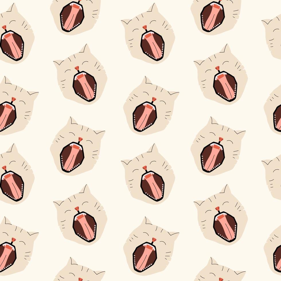 Funny pattern with the head of a cat with an open mouth. Vector illustration in hand drawn style