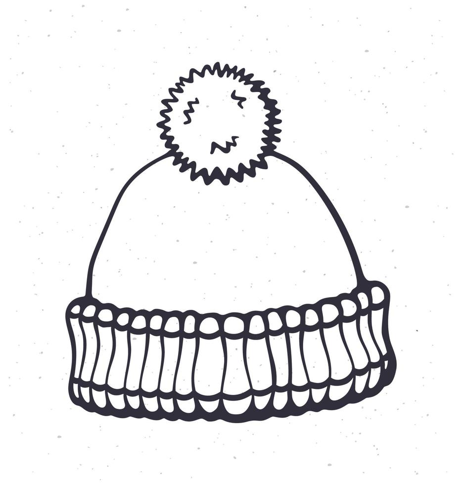 Hand drawn doodle of winter hat with pompon. Christmas headdress made of wool for cold weather. Cartoon sketch. Isolated on white background vector