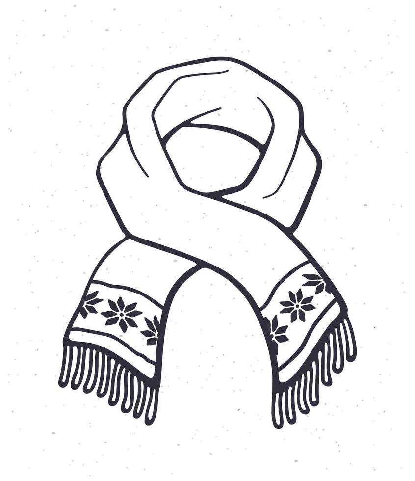 Hand drawn doodle of winter scarf with snowflake pattern. Christmas accessory made of wool for cold weather. Cartoon sketch. Isolated on white background vector