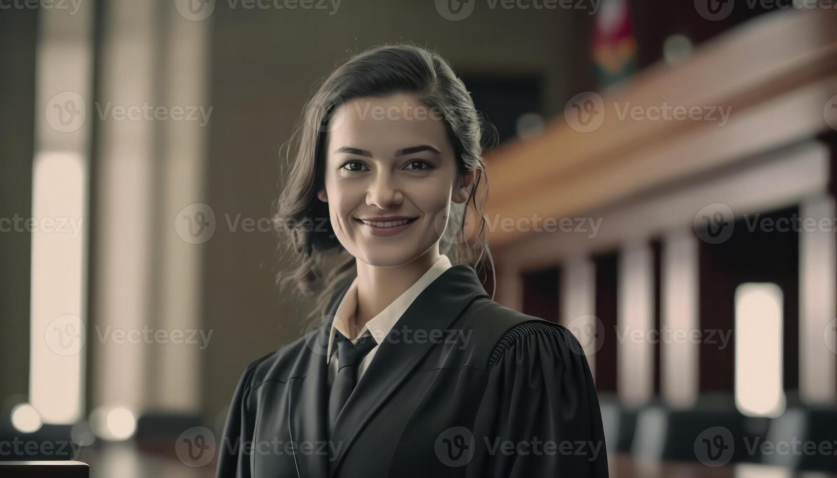 a beautiful smiling female prosecutor wearing prosecutor's robe inside a blurry courthouse photo