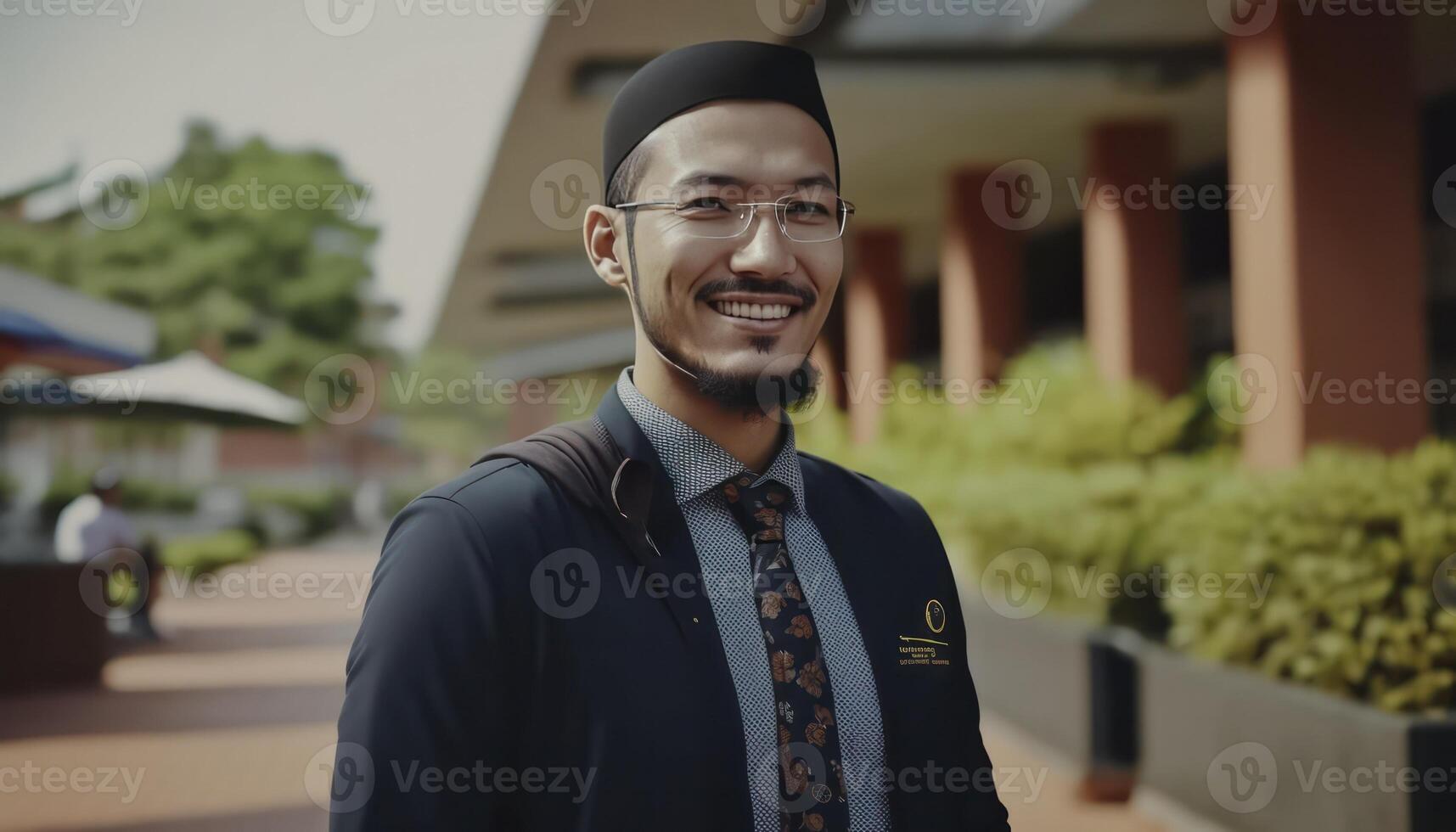 a beautiful smiling young male teacher in front of a blurry school background photo