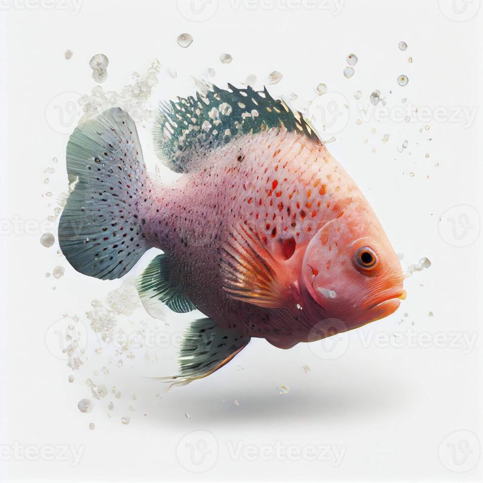 An ultra realistic Flowerhorn cichlid fish that jumps by splashing on a white background photo