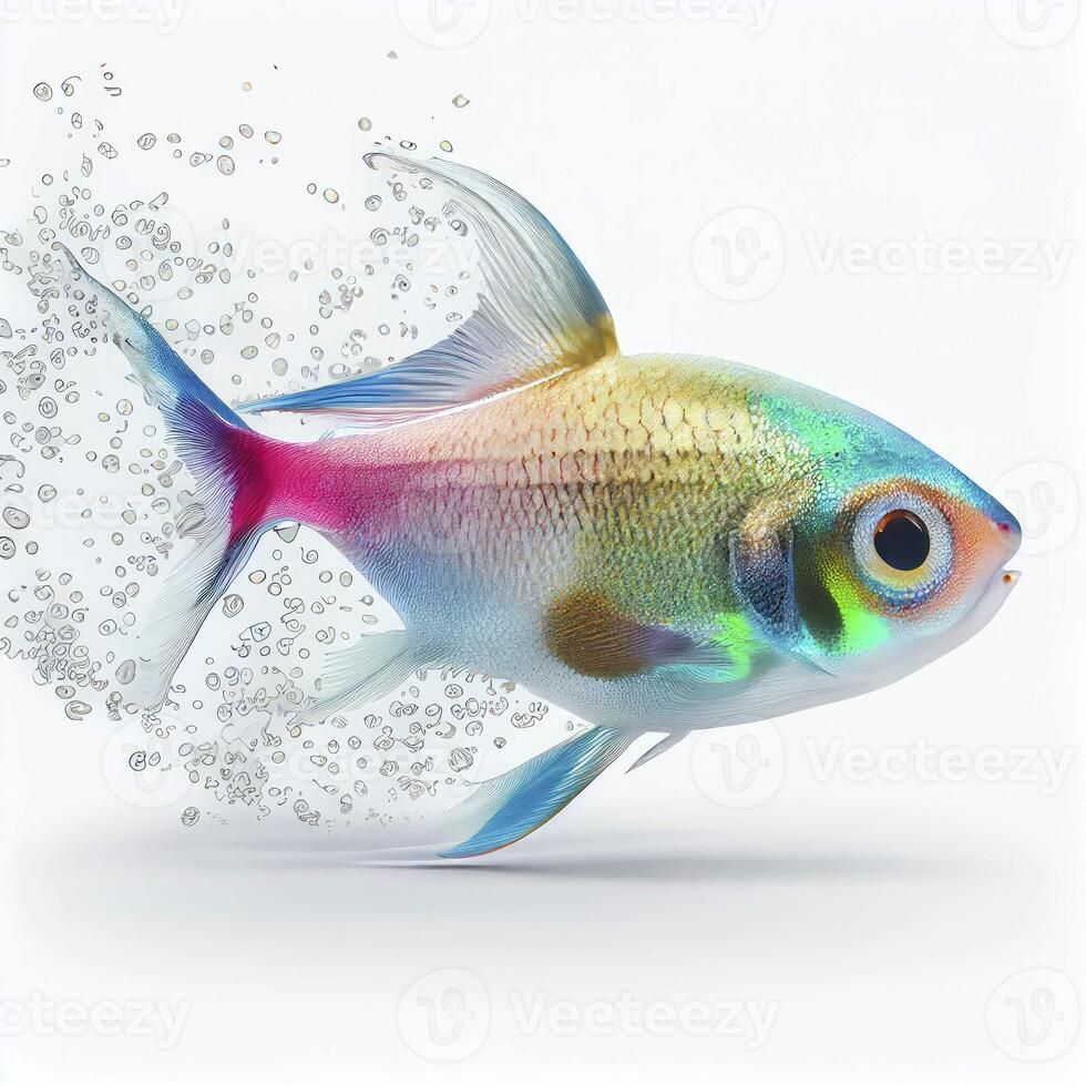 un ultra realista neón tetra pescado ese saltos por salpicaduras en un blanco antecedentes ai generado foto