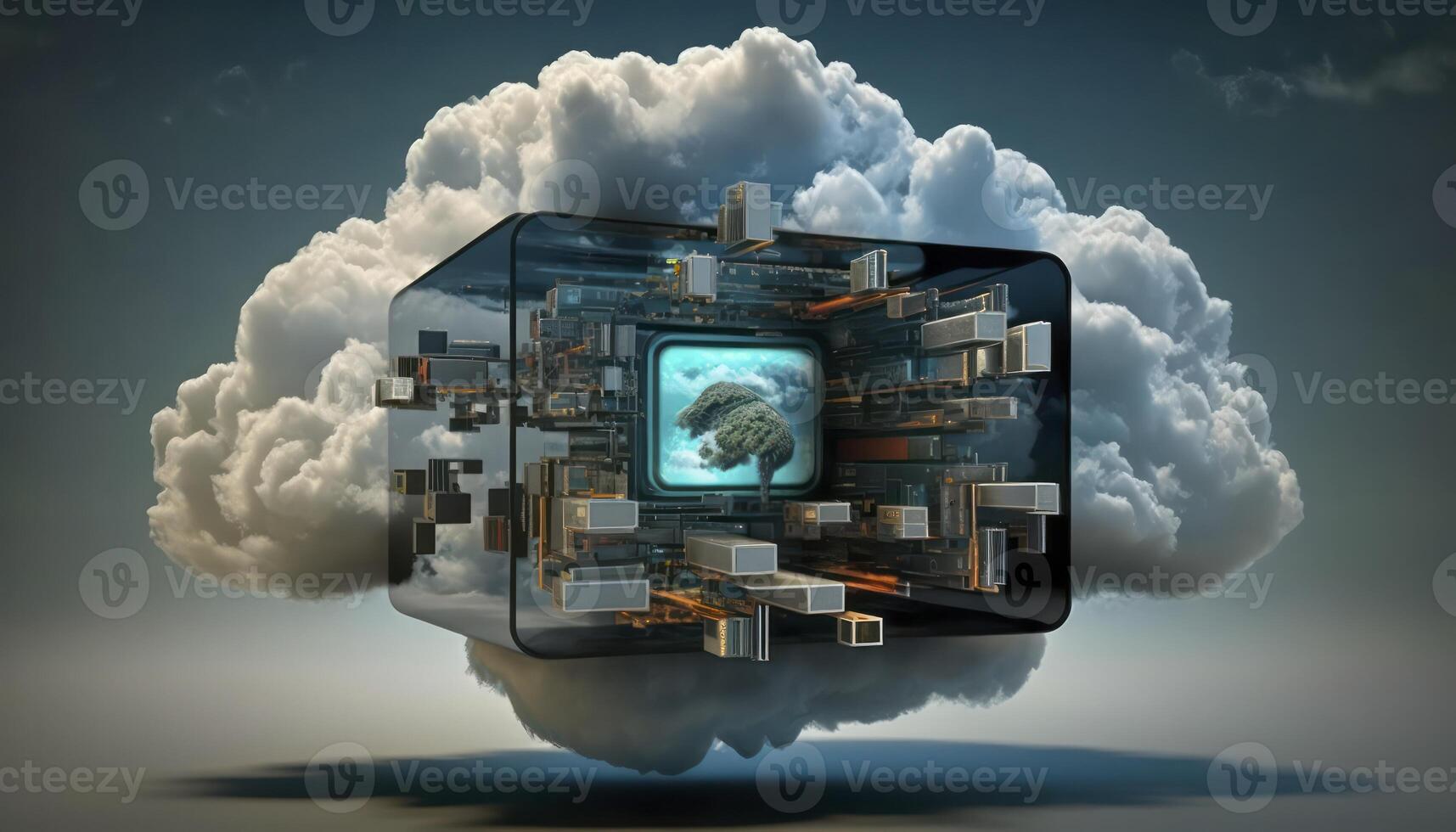 Holographic Cloud Data System 3D Render of Computing and Data Transfer photo