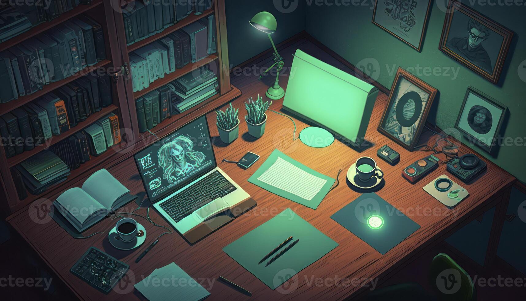 Retro Inspired An 80s Red and Green Spooky Glowy Desk Scene photo