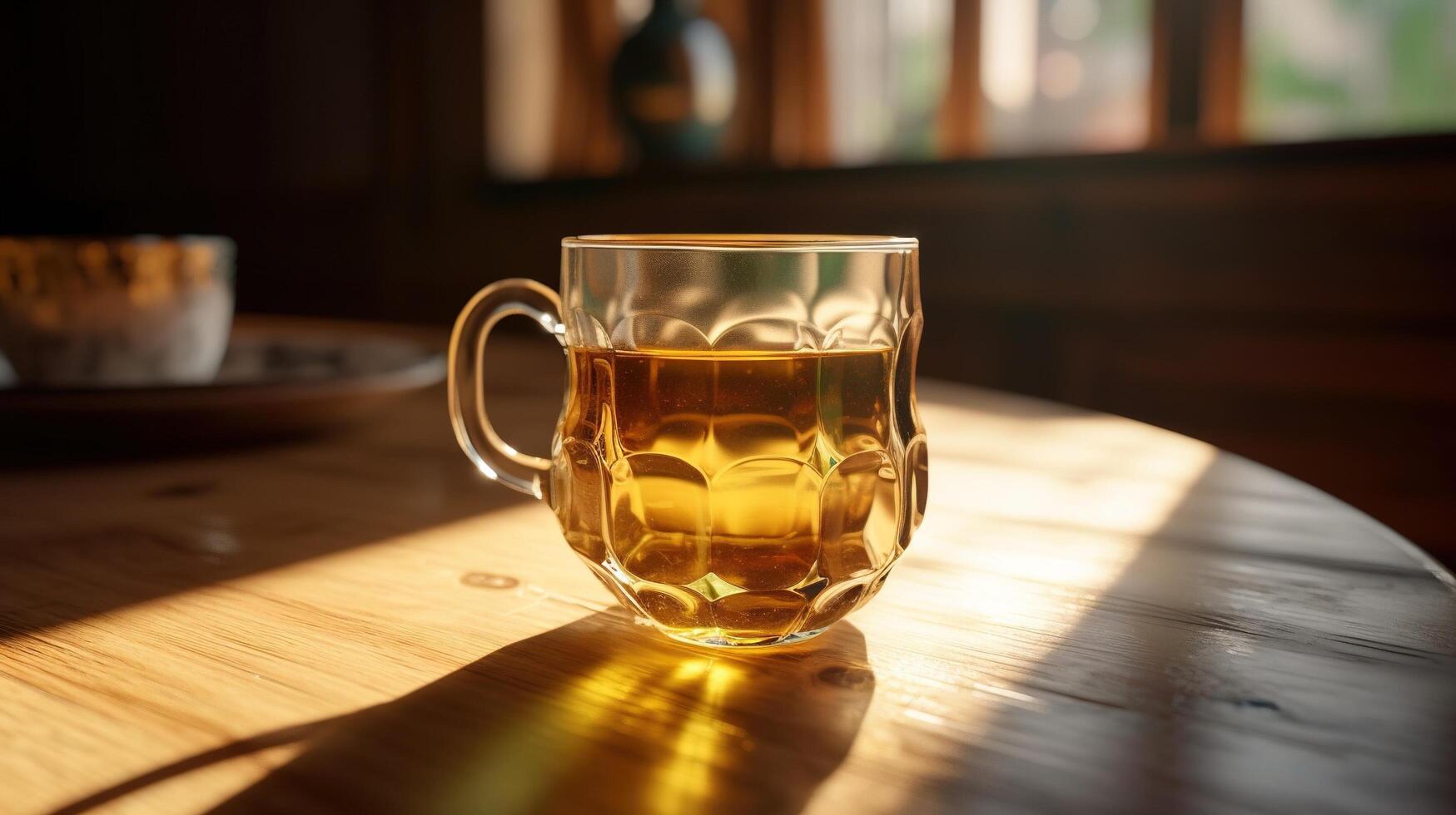 vaso de cerveza en de madera mesa ai generado foto