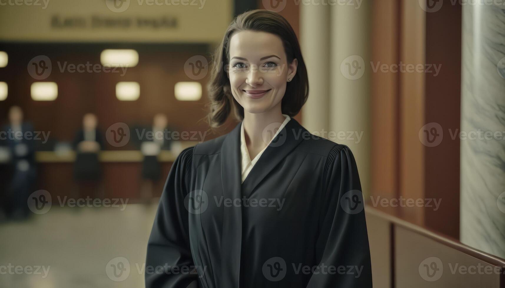 a beautiful smiling female prosecutor wearing prosecutor's robe inside a blurry courthouse photo