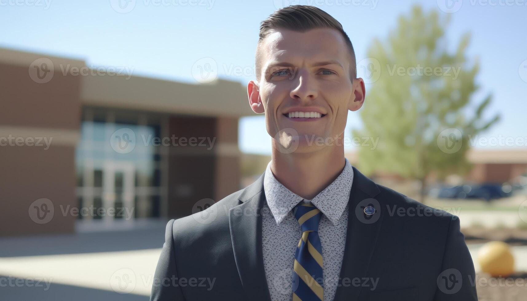 a beautiful smiling young male teacher in front of a blurry school background photo