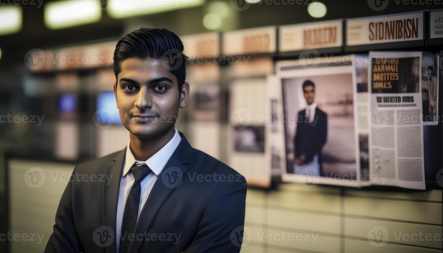 a beautiful smiling young male journalist in front of a blurry newsroom background photo