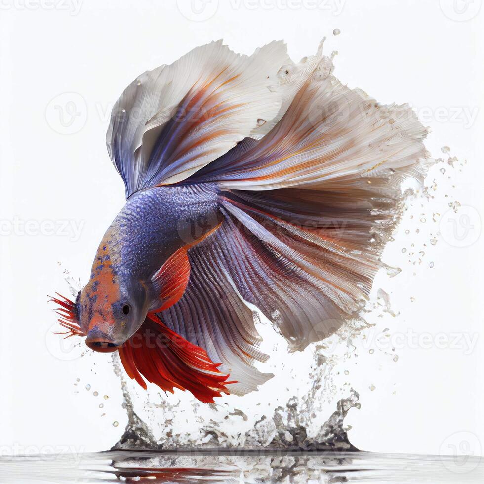 An ultra realistic Discus betta that jumps by splashing on a white background photo