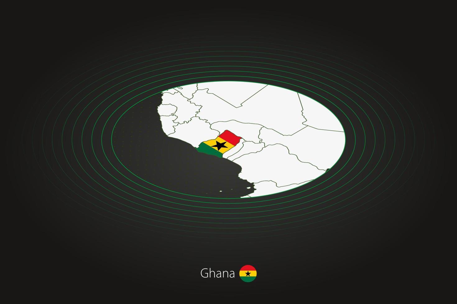 Ghana map in dark color, oval map with neighboring countries. vector