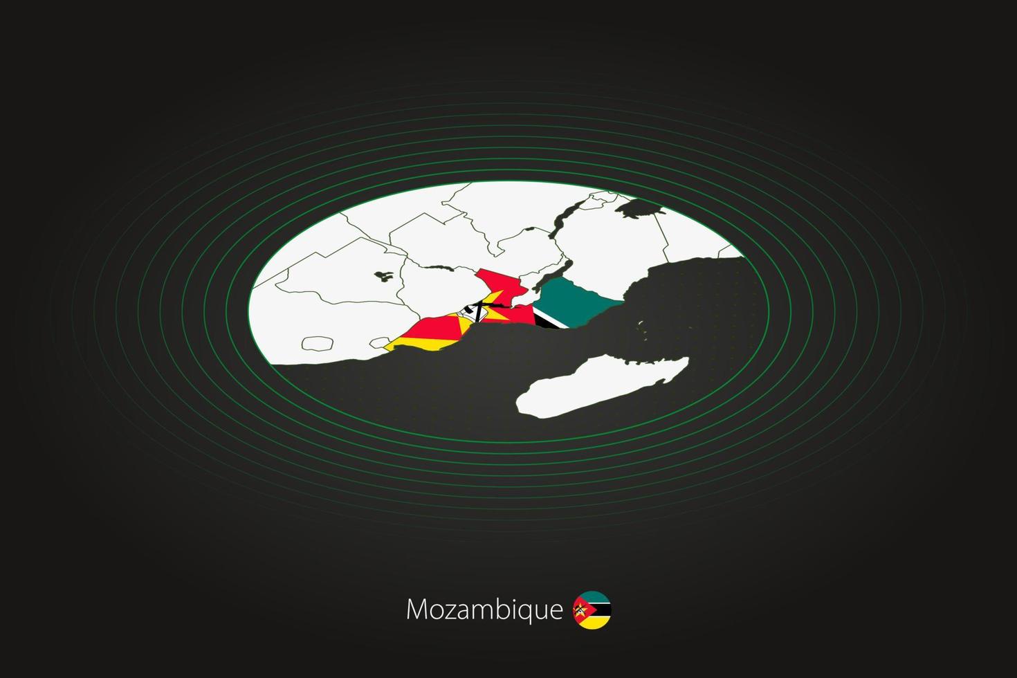 Mozambique map in dark color, oval map with neighboring countries. vector