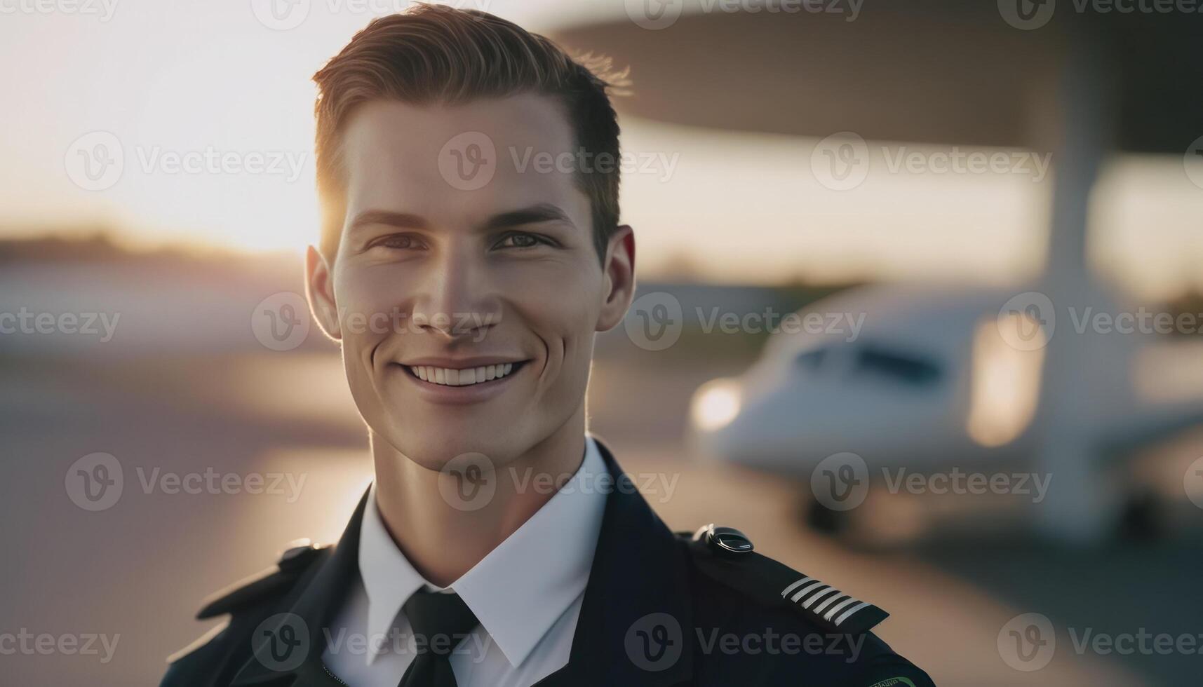 a beautiful smiling young male pilot in front of a blurry airport background photo