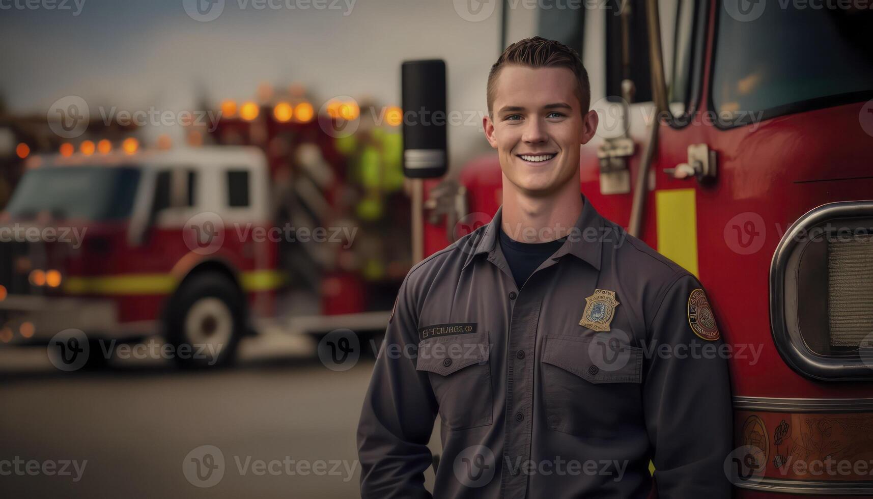 A beautiful smiling young male firefighter beside of a blurry fire station background photo