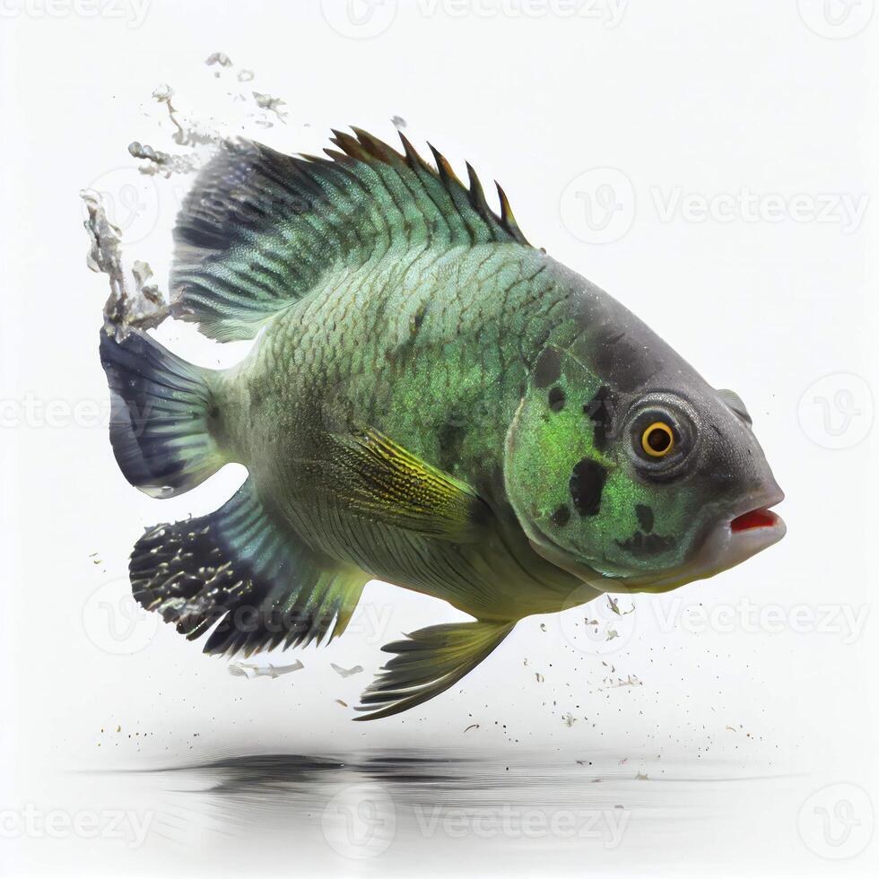 An ultra realistic Green Terror Cichlid fish that jumps by splashing on a white background photo