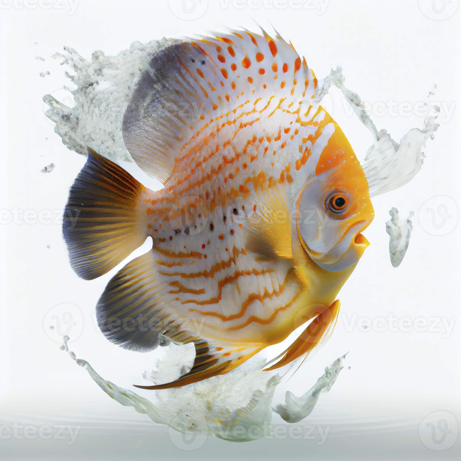 An ultra realistic Discus fish that jumps by splashing on a white