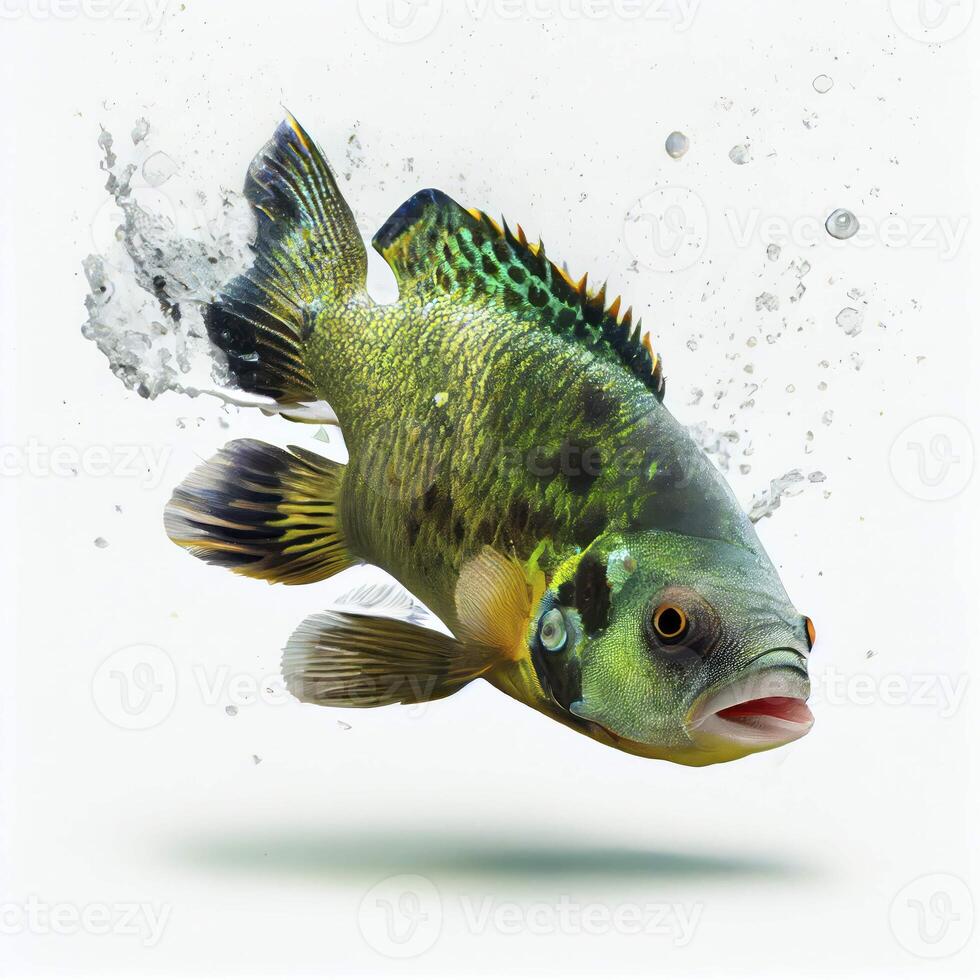 An ultra realistic Green Terror Cichlid fish that jumps by splashing on a white background photo