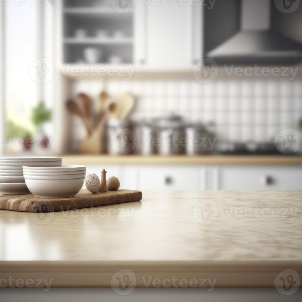 Stylish Wooden Table Top on Blurred Kitchen Background Ideal for