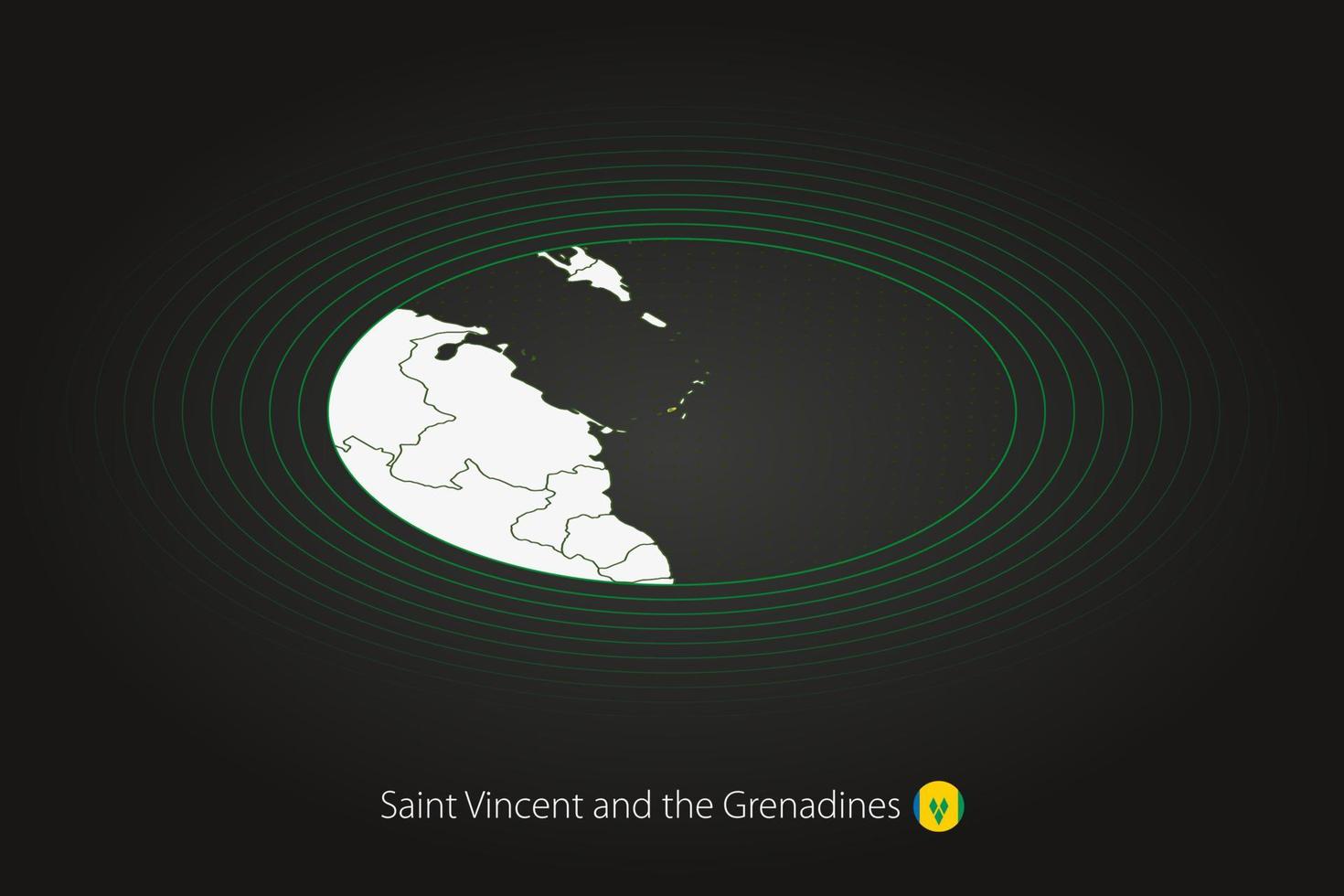 Santo Vincent y el granadinas mapa en oscuro color, oval mapa con vecino países. vector