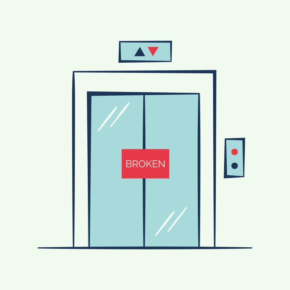 Broken home passenger elevator with warning sign. Device for lifting and lowering people. Flat vector illustration