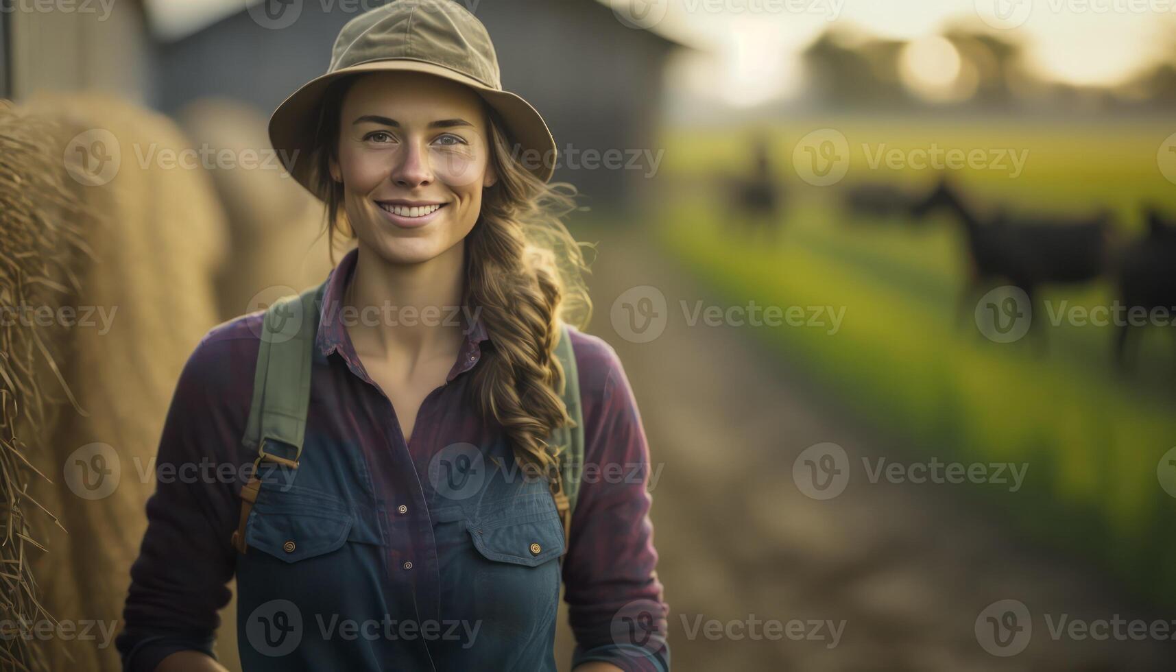 a beautiful smiling young female farmer in front of a farm background photo