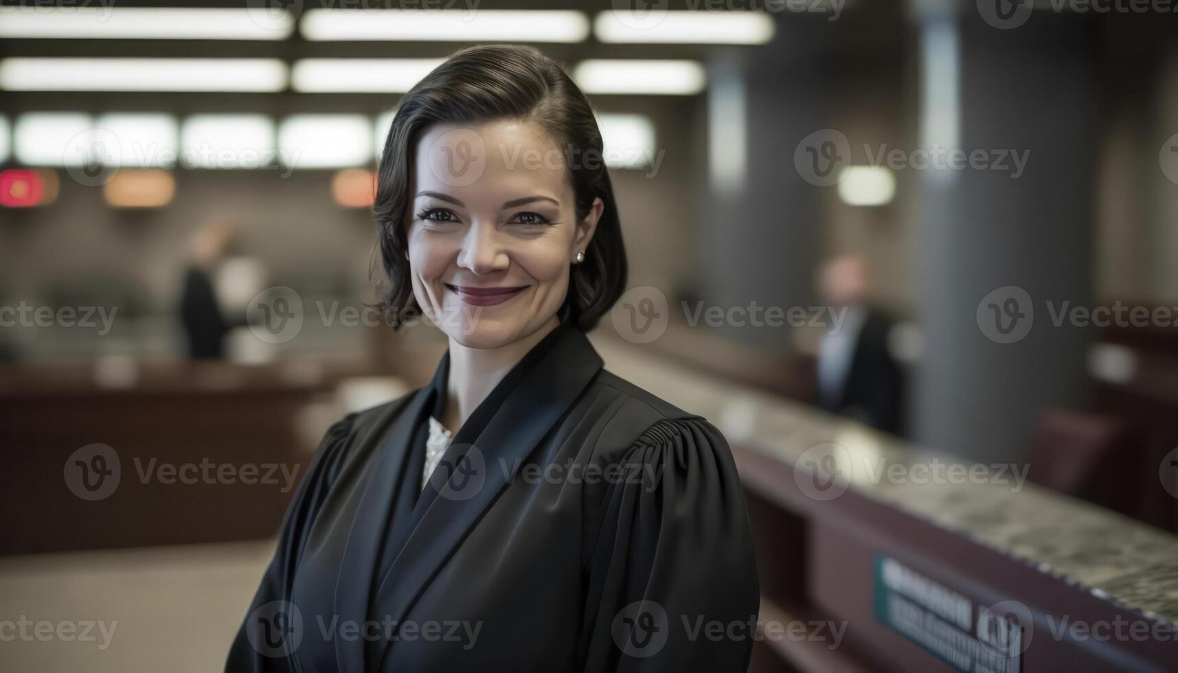 a beautiful smiling female prosecutor wearing prosecutor's robe inside a blurry courthouse photo