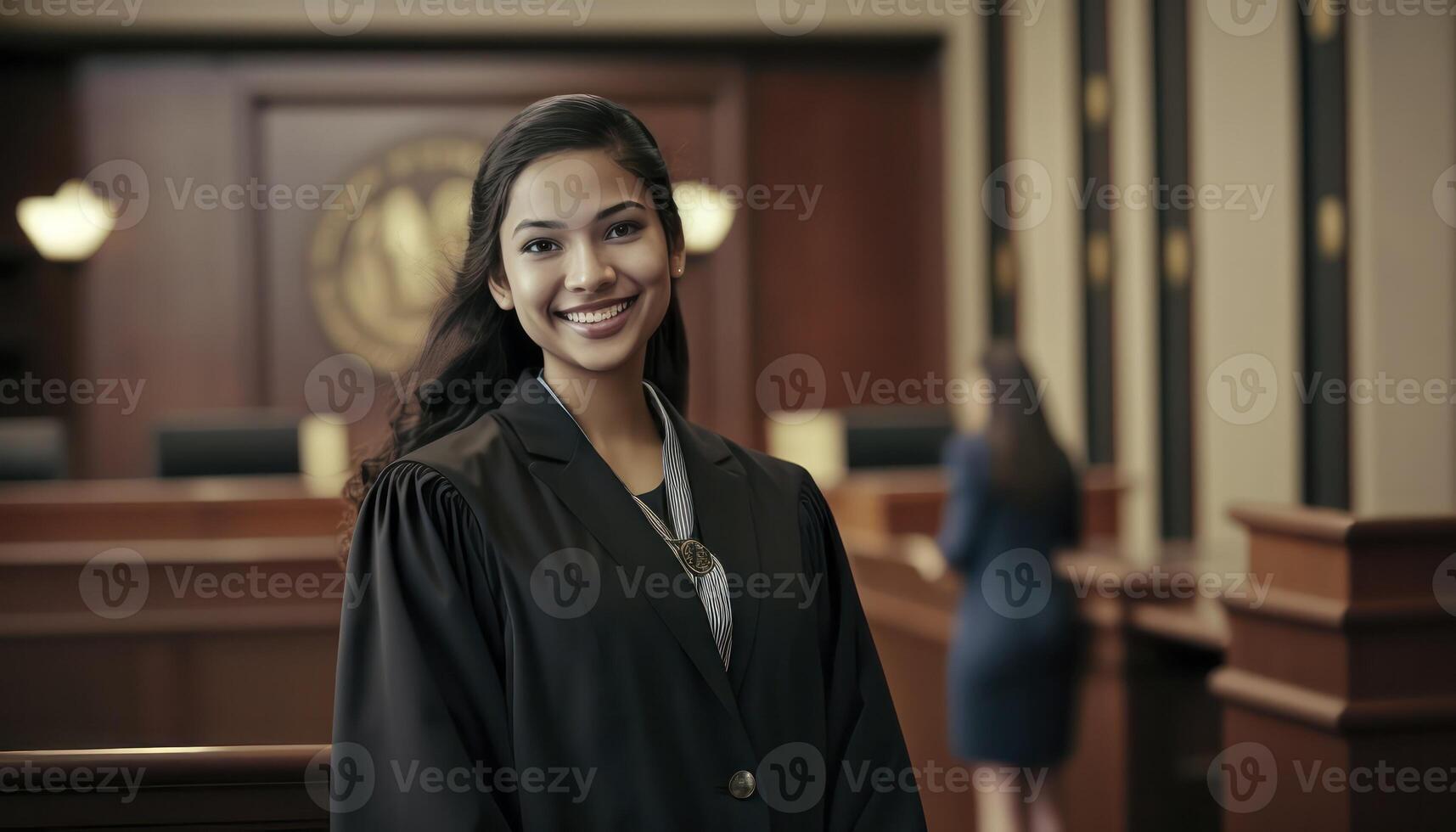 a beautiful smiling female prosecutor wearing prosecutor's robe inside a blurry courthouse photo