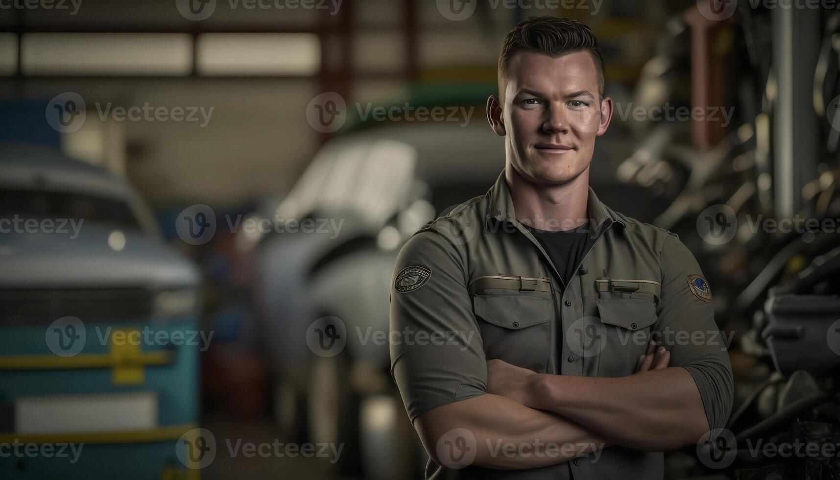 a beautiful smiling young male mechanic in front of an auto repair shop background photo
