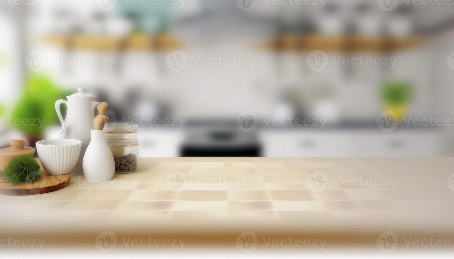 Stylish Wooden Table Top on Blurred Kitchen Background - Ideal for Product Displays and Design Layouts photo