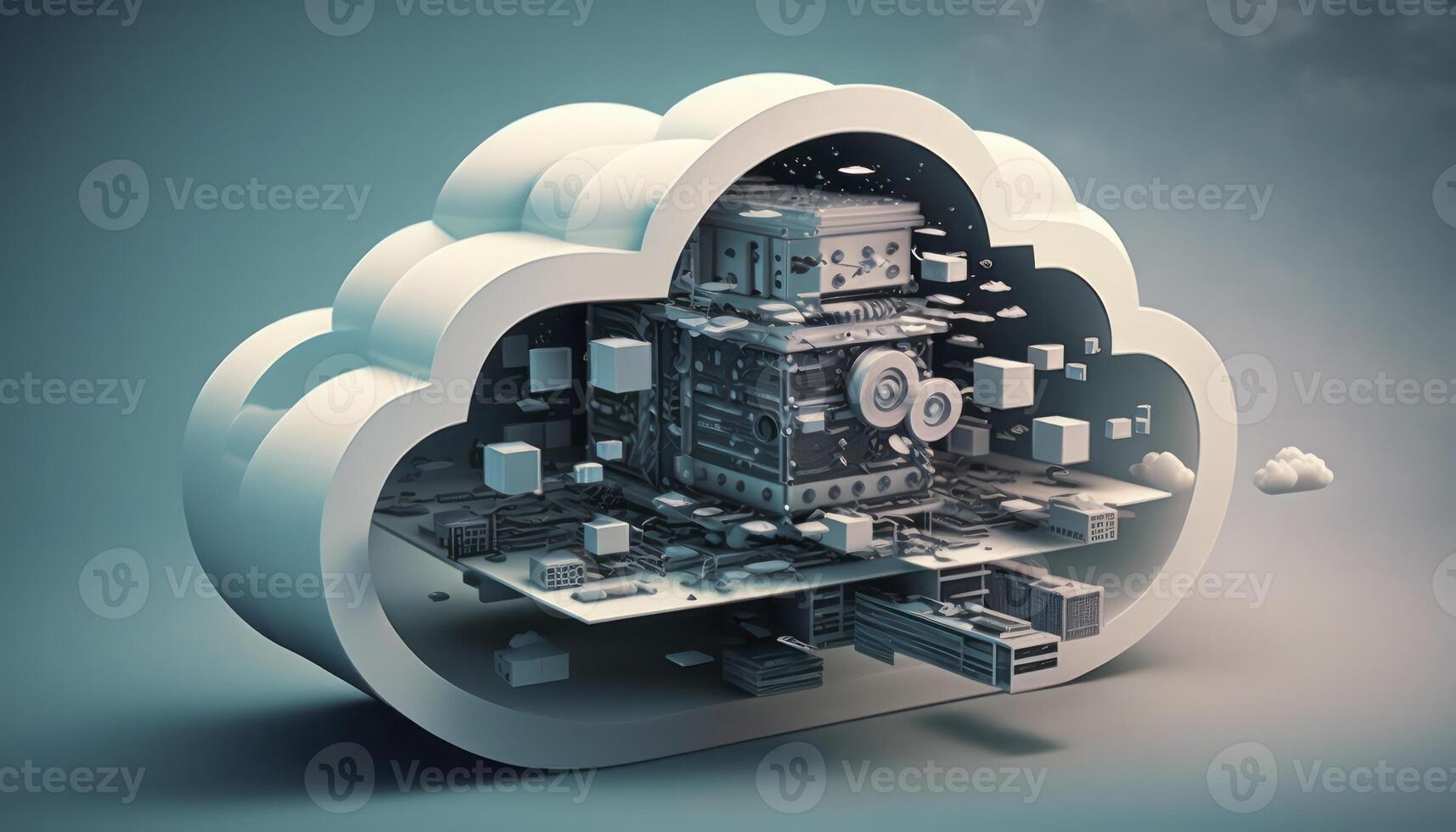 Holographic Cloud Data System 3D Render of Computing and Data Transfer photo