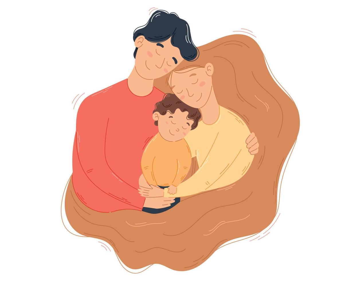 linda dibujos animados abrazando familia, mamá papá y hijo. acogedor mujer con largo lozano cabello, hombre y niño en un abarcar. mundo padres día vector ilustración.