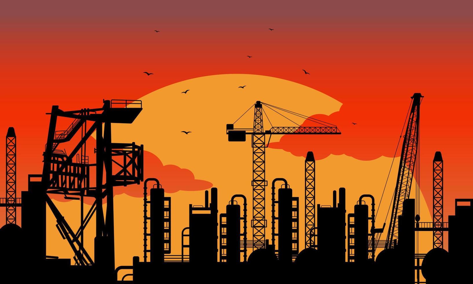 Construction silhouette sunset view. Industrial building silhouette vector