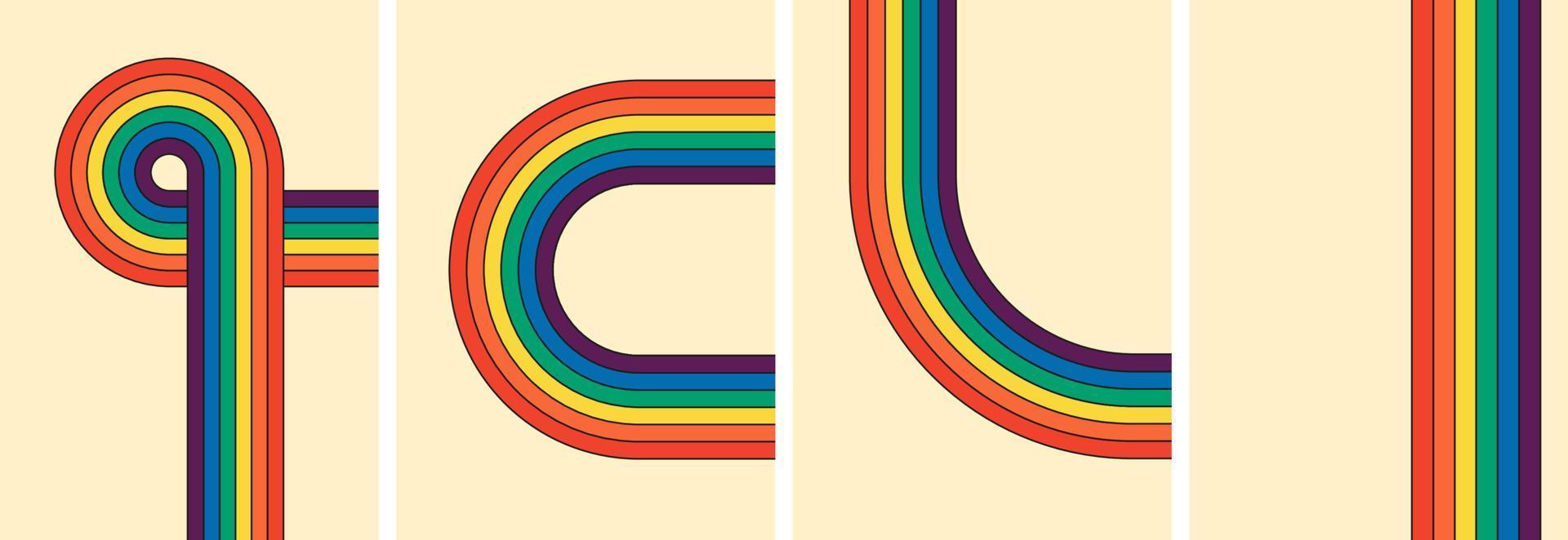 vieja escuela miedoso arco iris de colores a rayas póster colocar. colección de geométrico arco iris pistas inspirado por hippie era. diverso resumen iridiscente rayas ese encarnar Clásico hippy estilo. vector fondo