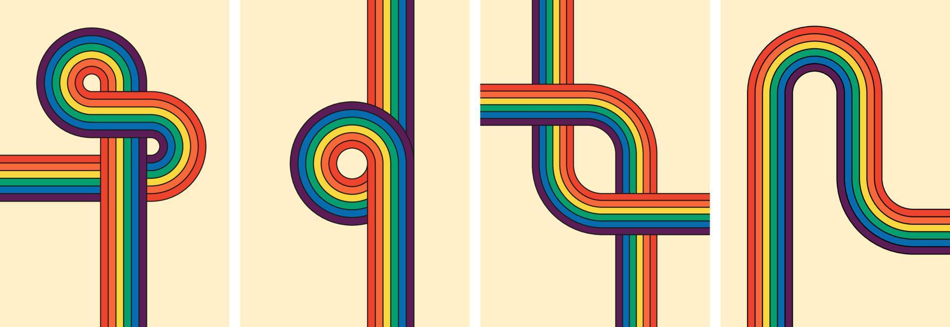 de moda minimalista y2k carteles presentando vistoso obra de arte retro maravilloso color arcoiris a rayas carteles geométrico hippie arcoiris caminos varios resumen iridiscente rayas elegante y contemporáneo vector