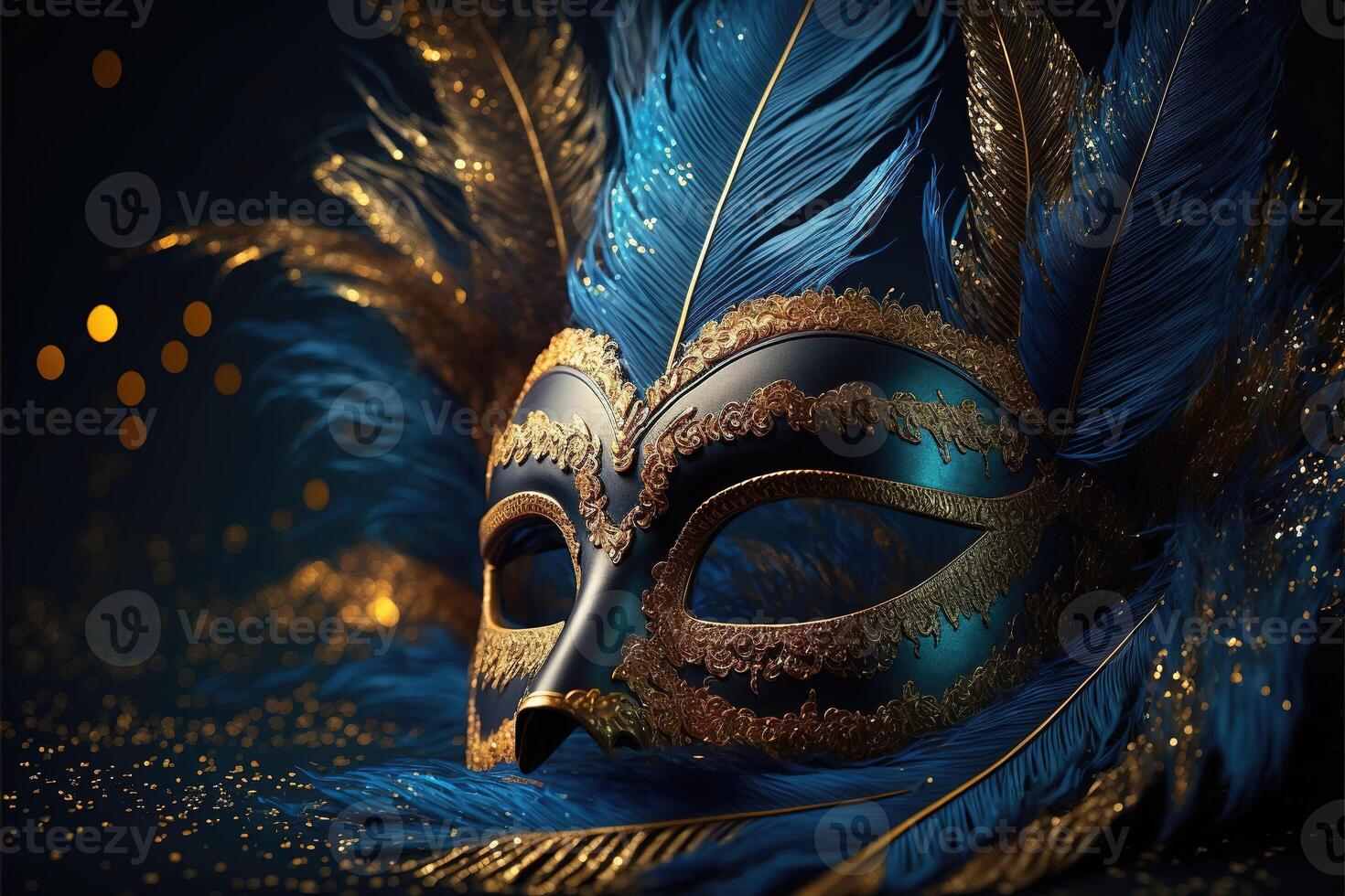 Realistic luxury carnival mask with blue feathers. Abstract blurred background, gold dust, and light effects. photo