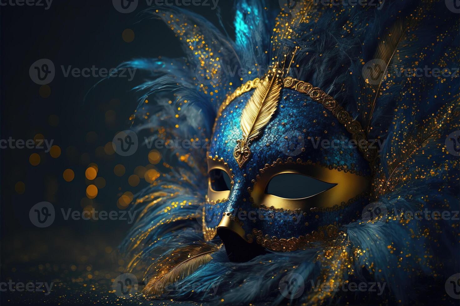 Realistic luxury carnival mask with blue feathers. Abstract blurred background, gold dust, and light effects. photo