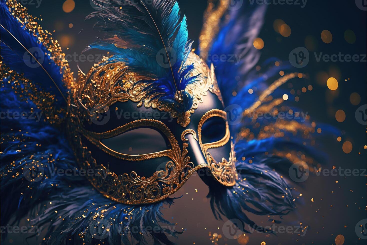 Realistic luxury carnival mask with blue feathers. Abstract blurred background, gold dust, and light effects. photo