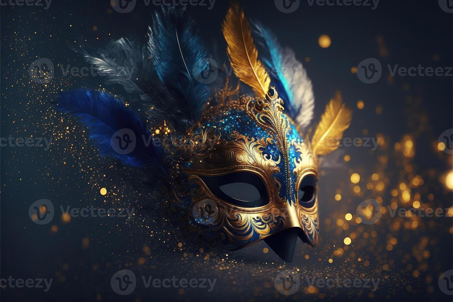 Realistic luxury carnival mask with blue feathers. Abstract blurred background, gold dust, and light effects. photo