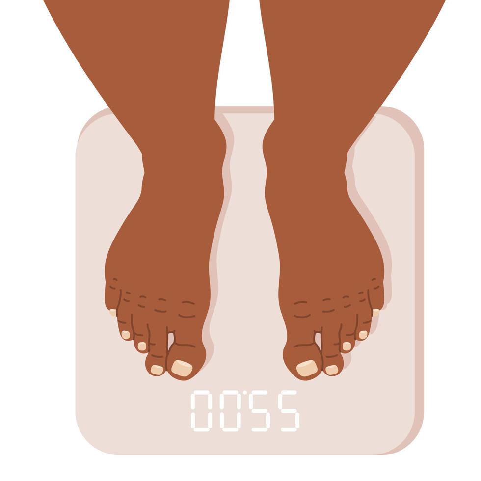 Feet standing on bathroom weighing scales. Weighing. Excess weight. Weight measurement and control. Healthy lifestyle, dieting and fitness vector