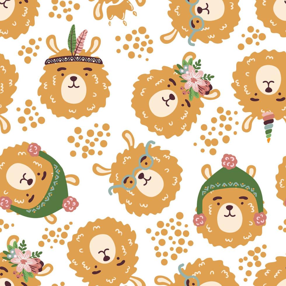 Alpaka in glasses, hat, feathers, flowers, crown vector seamless pattern. Hand drawn lama childish texture for fabric, textile. Llama vector illustration.