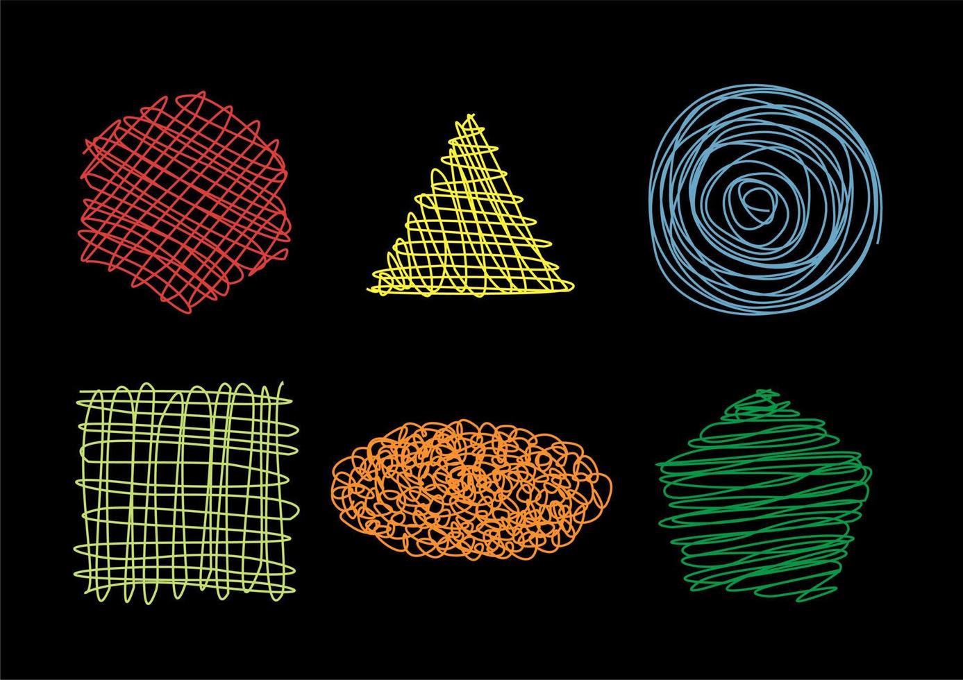 Vector set of hand drawn scribbles backgrounds. Different geometric shapes. Colorful on black background