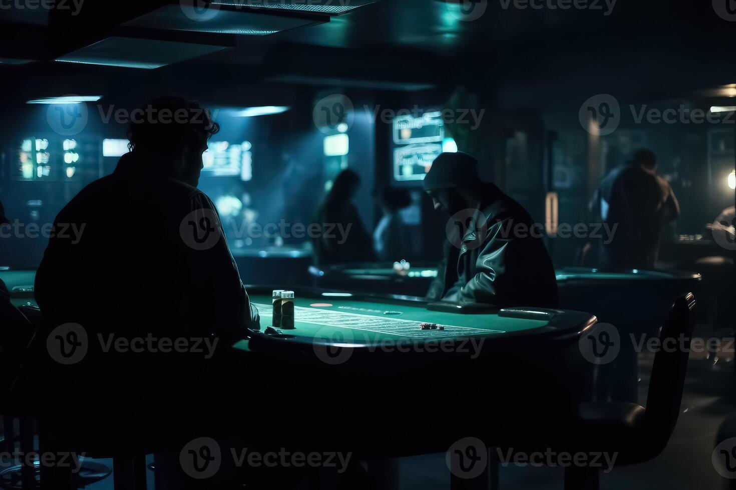 A dark room with the silhouettes of people gambling created with technology. photo