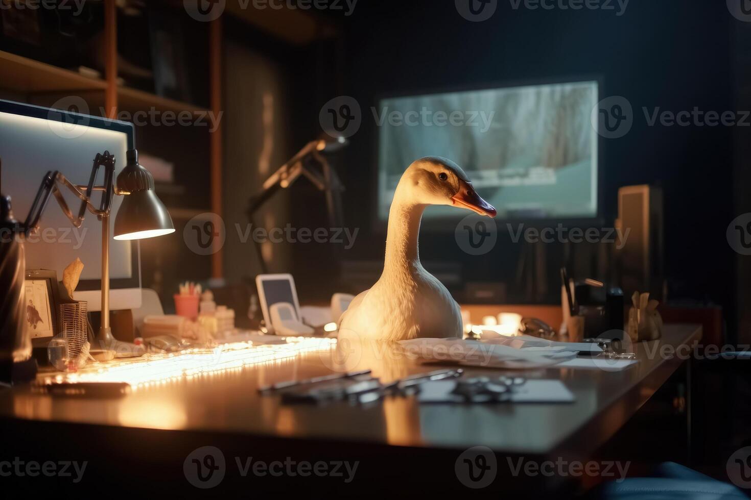 A goose with white feathers works hard at a desk in the office created with technology. photo