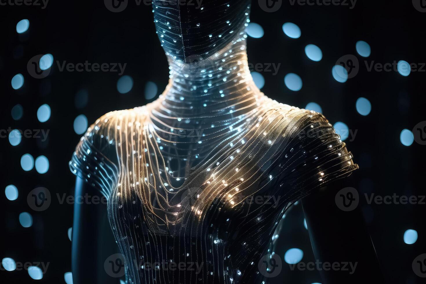 An Elegant Dress Made of Fibre Optic Cables on a Mannequin created with technology. photo