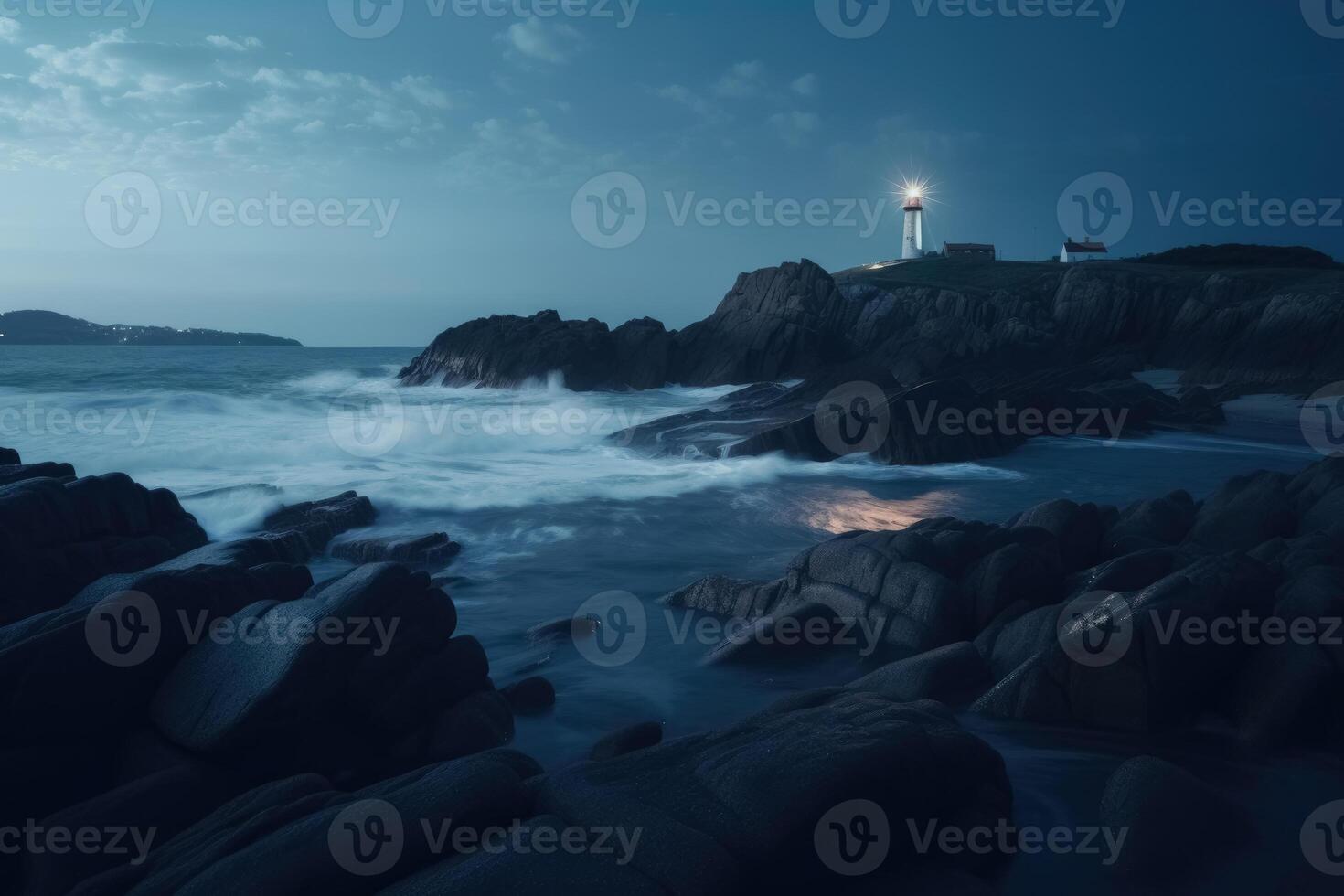 Long exposure of a rocky coast with a lighthouse on it created with technology. photo